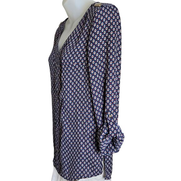 Zac & Rachel Womens Blouse Small Navy Geometric Print V Neck Roll Tab Sleeve Top - Picture 6 of 11